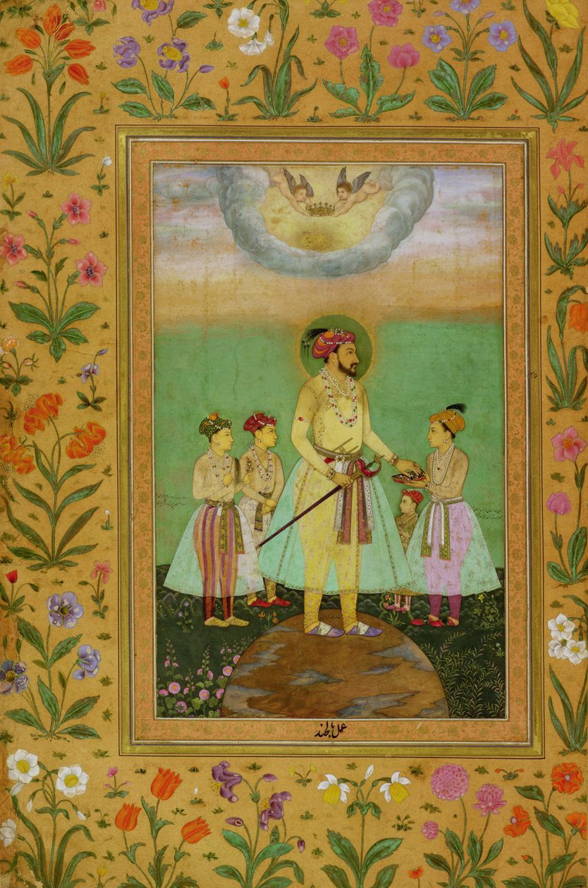 Shah Jahan (1592-1666) stoi na wielkim globie otoczony czwórką dzieci, z albumu Minto autorstwa Balchand