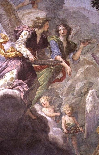 Chrystus służony przez aniołów, szczegół aniołów i cherubinów autorstwa Baldassare  Franceschini