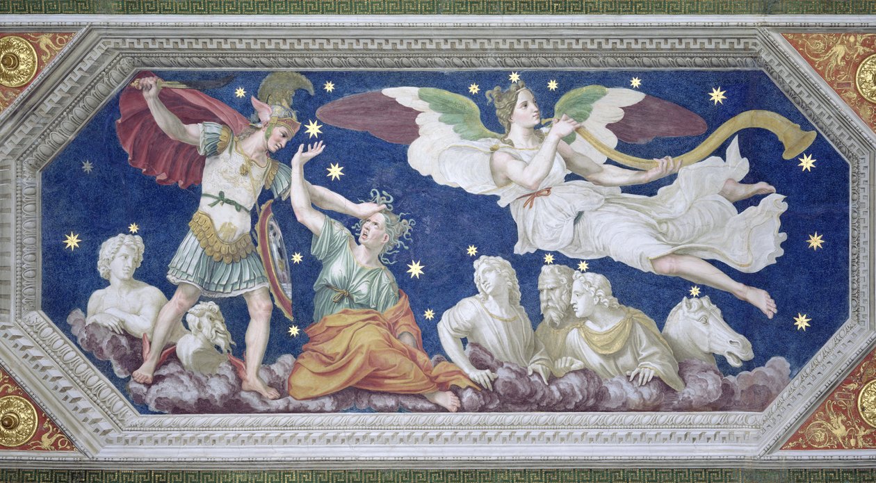 Perseusz i Meduza, dekoracja sufitu z „Sala di Galatea”, 1511-12 autorstwa Baldassarre Peruzzi