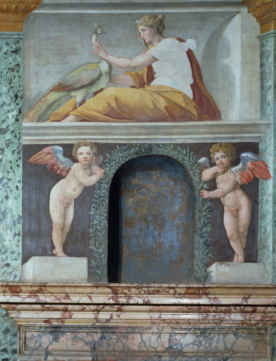 Sala delle Prospettive Hall of Perspective szczegół niszy trompe loeil przedstawiający boginię Juno z pawiem, fresk z lat 1518-19 autorstwa Baldassarre Peruzzi
