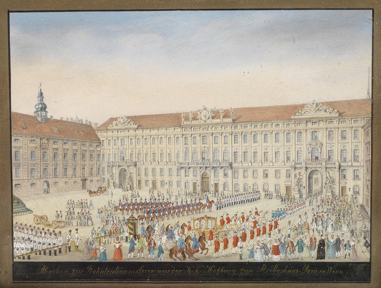 Wyjazd na uroczystość Bożego Ciała z ul. k. Hofburg do katedry św. Szczepana w Wiedniu autorstwa Balthasar Wigand