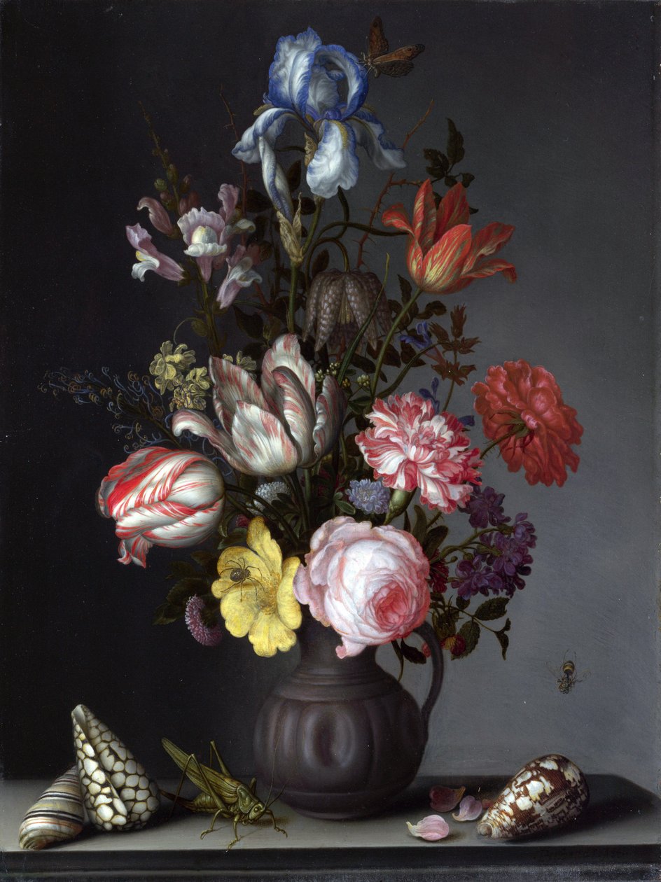Kwiaty w wazonie z muszlami i owadami autorstwa Balthasar van der Ast