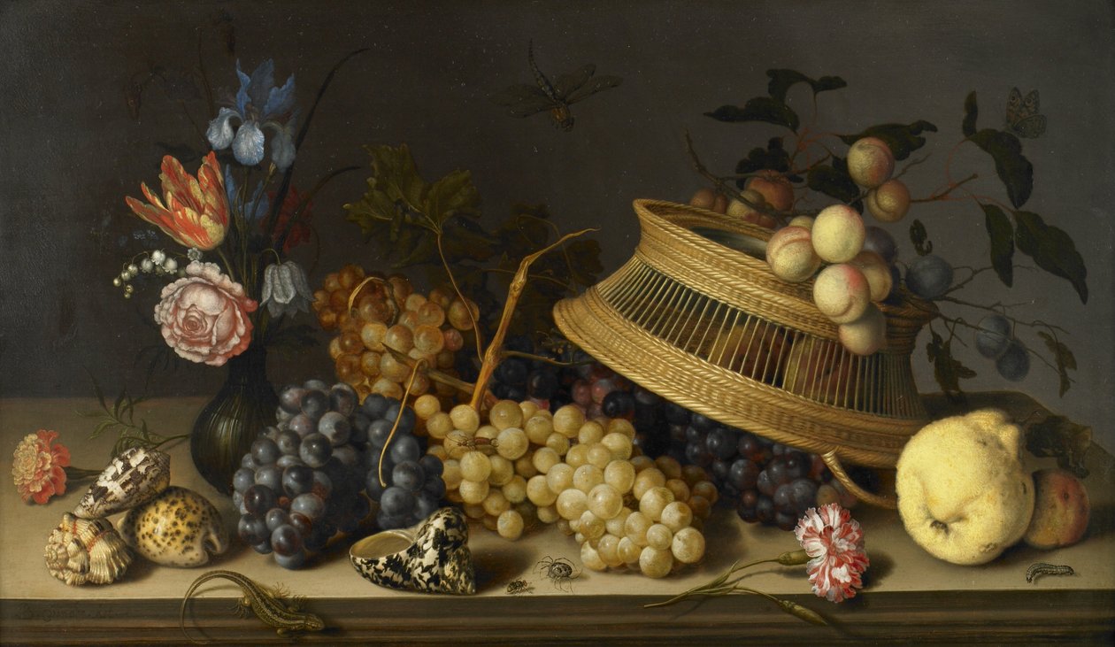 Martwa natura z kwiatów, owoców, muszli i owadów autorstwa Balthasar van der Ast