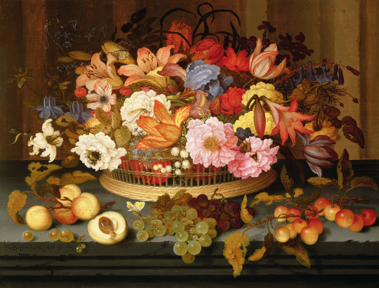 Martwa natura z owocami i koszem kwiatów, 1623 autorstwa Balthasar van der Ast