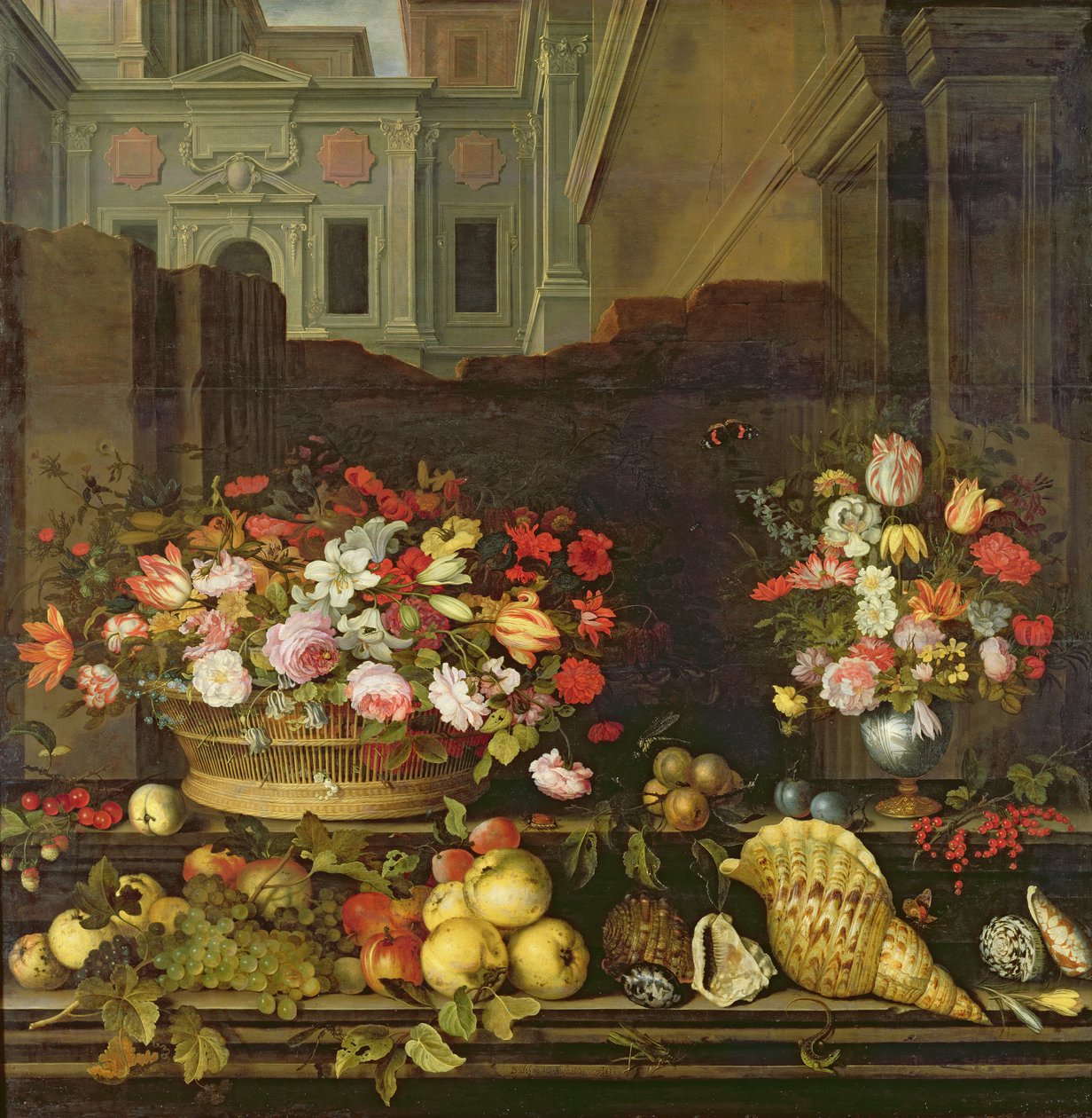 Martwa natura z kwiatami, owocami i muszlami autorstwa Balthasar van der Ast