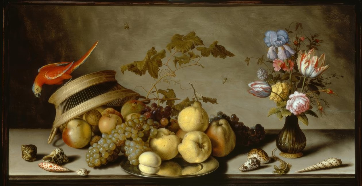 Martwa natura z gruszkami, brzoskwiniami, jabłkami na cynowym talerzu autorstwa Balthasar van der Ast