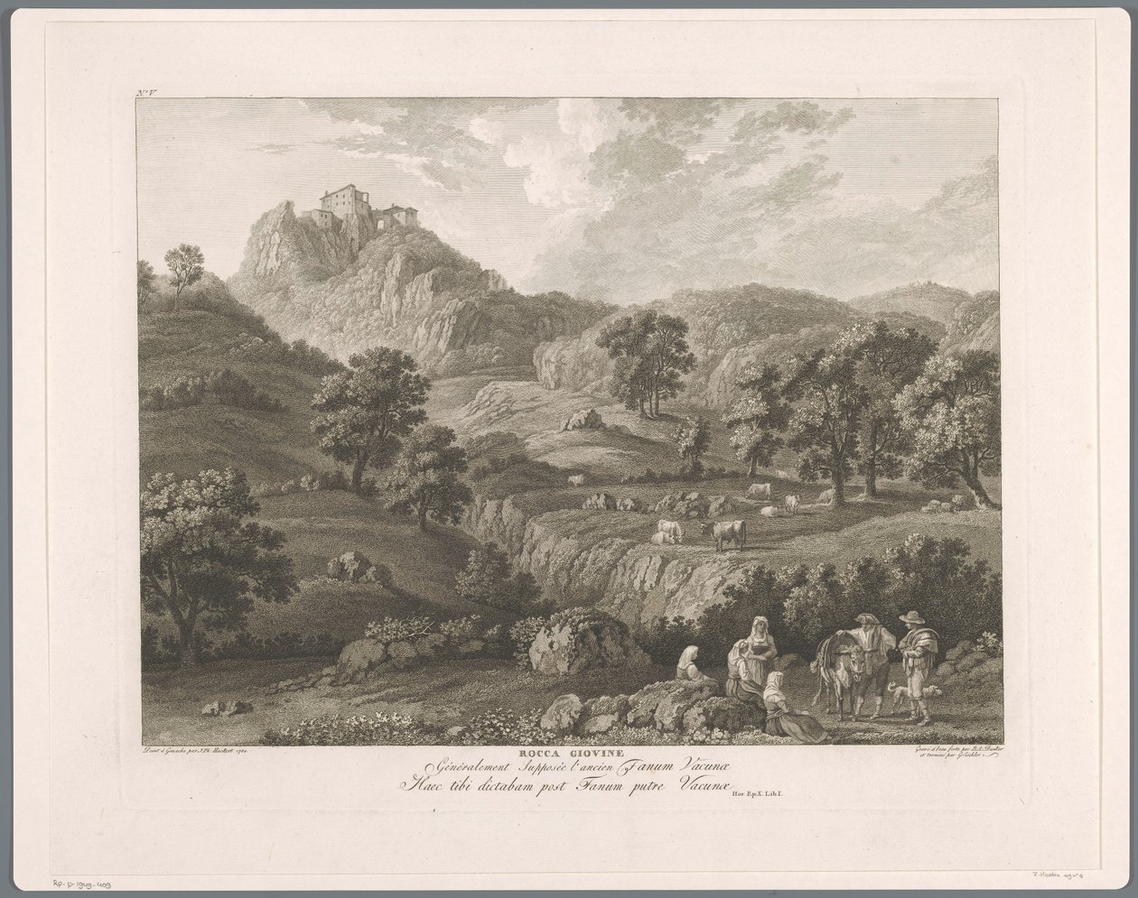 Widok na Roccagiovine Rocca Giovine (tytuł na obiekcie) Suite de VI vues des Environs de Rome (...) (tytuł serii) autorstwa Balthasar Anton Dunker
