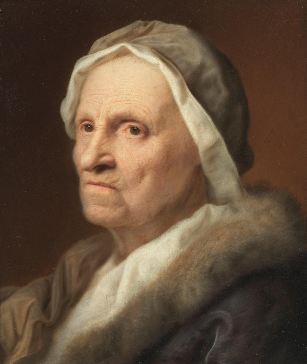 Portret starej kobiety w futrze autorstwa Balthasar Denner