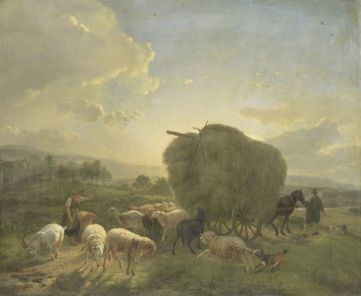 Krajobraz z owcami i wozem na siano autorstwa Balthasar Paul Ommeganck