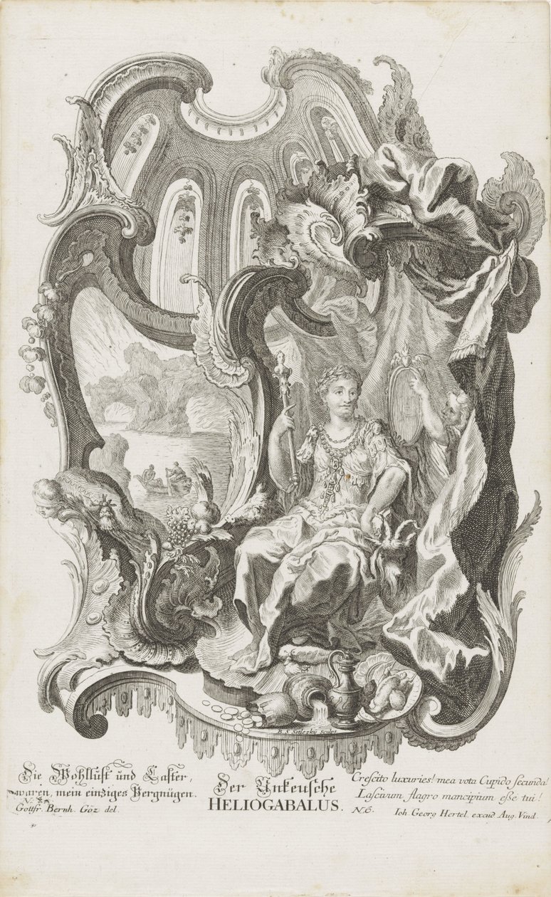 Nieczysty Heliogabalus Nieczysty Heliogabalus (tytuł na obiekcie) Figury alegoryczne (tytuł serii) autorstwa Balthasar Sigmund Setletzky