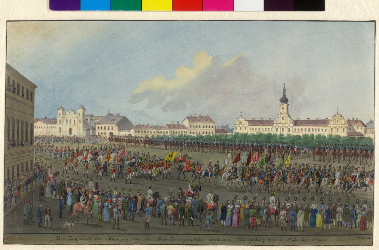 Procesja koronacyjna cesarza Ferdynanda I na koronację na króla Węgier 1830 (akwarela i gwasz) autorstwa Balthasar Wigand