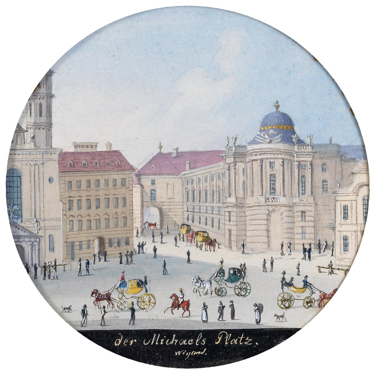 Plac św. Michała w Wiedniu - Balthasar Wigand (1770-1846). Akwarela na papierze, ok. 1835. Wymiar : D 7 cm. Prywatna kolekcja autorstwa Balthasar Wigand