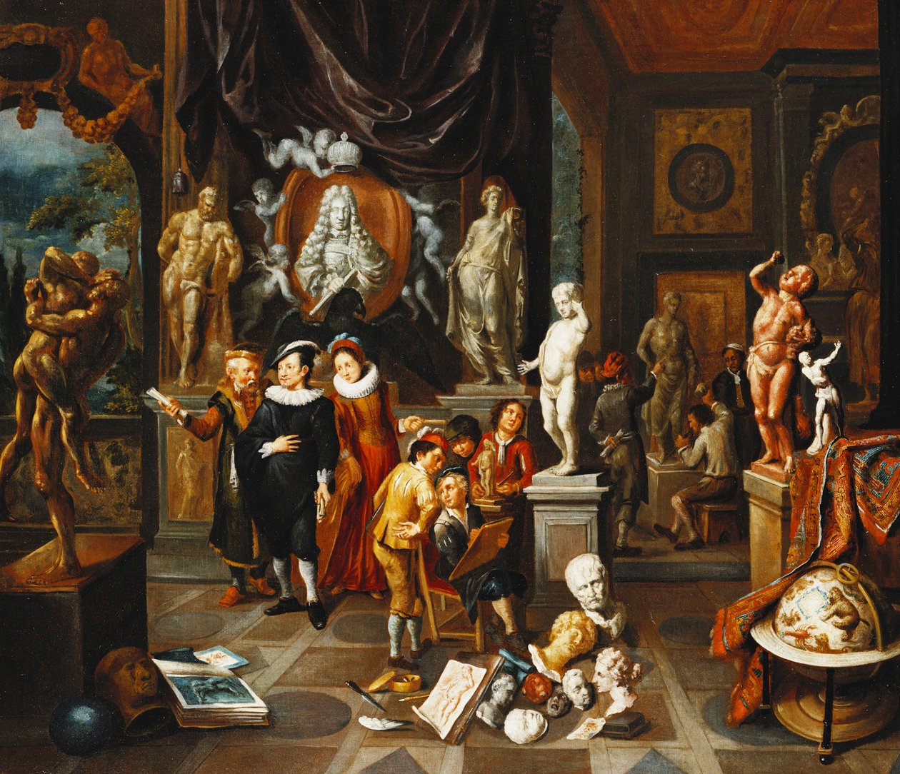 Elegancka para w Galerii Rzeźby, z Artystą Szkicującym i Rzeźbiarzem w Pracy Poza, autorstwa Balthasar van den Bossche