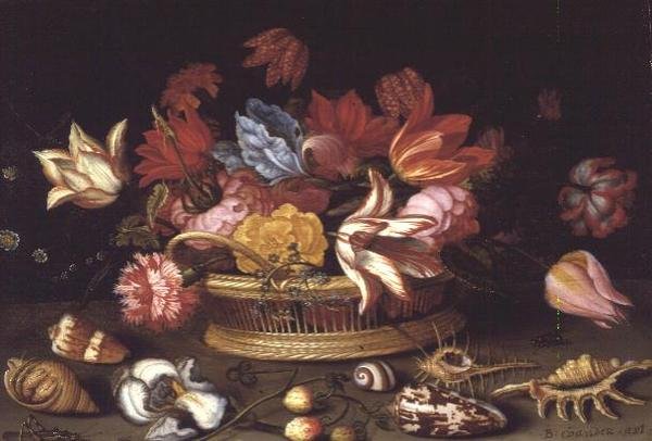 Kosz kwiatów z muszlami na półce (panel olejny) autorstwa Balthasar van der Ast