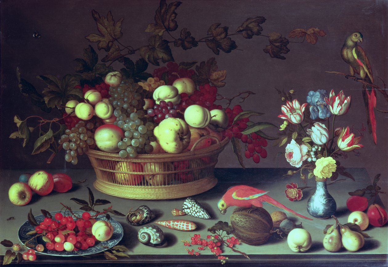 Kosz winogron i innych owoców (olej na panelu) autorstwa Balthasar van der Ast