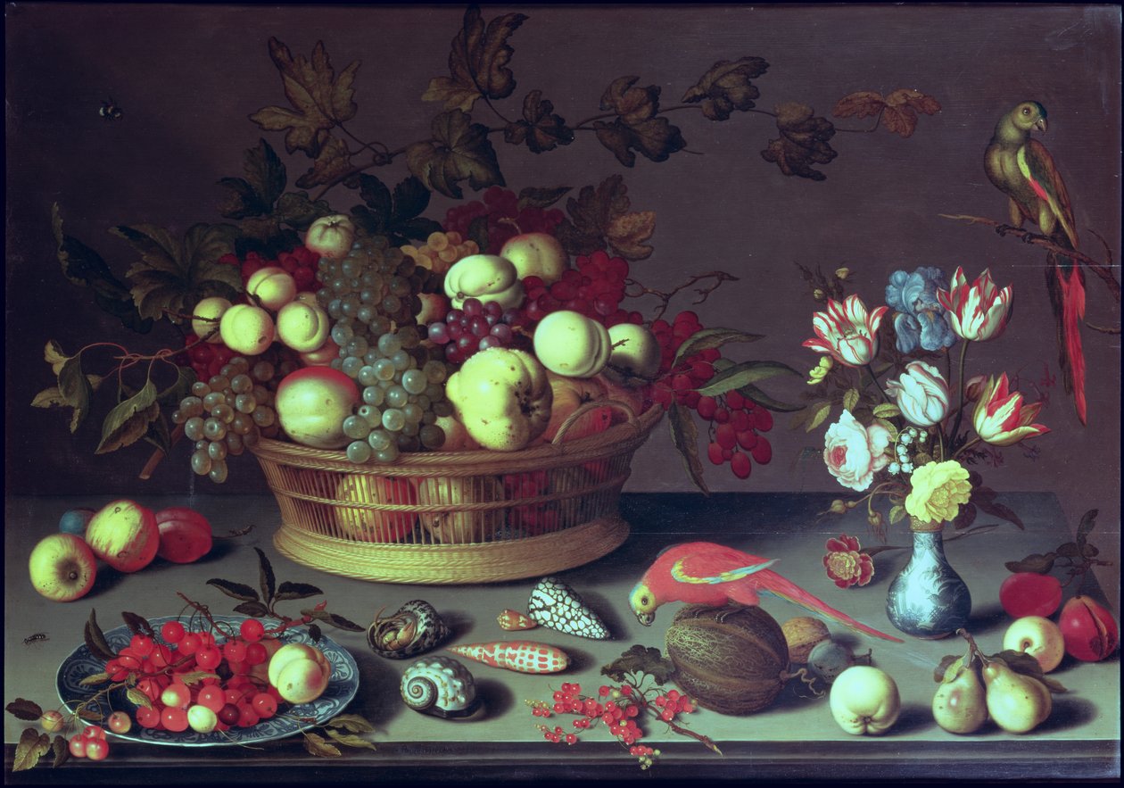 Kosz winogron i innych owoców autorstwa Balthasar van der Ast