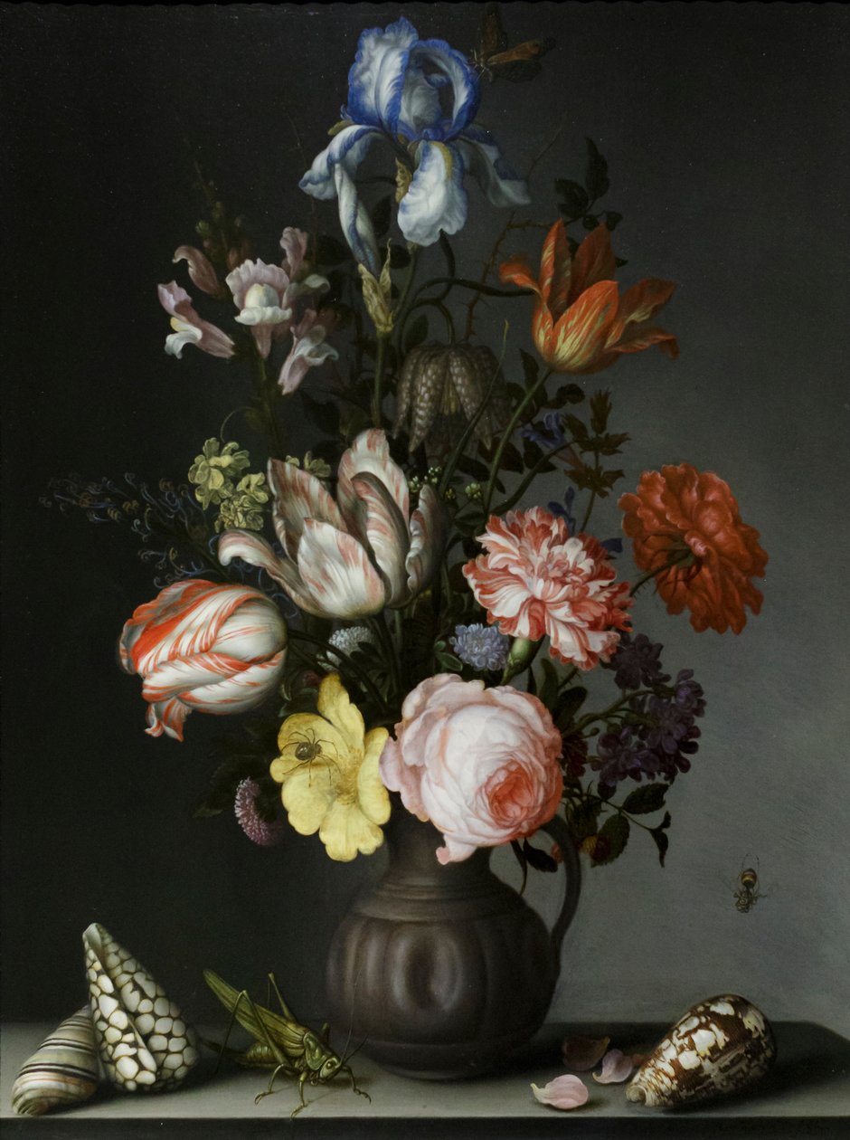 Kwiaty w wazonie z muszlami i owadami, ok. 1630 (olej na dębie) autorstwa Balthasar van der Ast