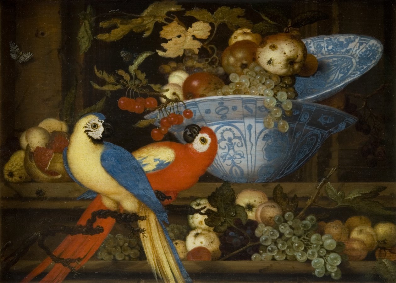 Martwa natura owocowa z dwiema papugami autorstwa Balthasar van der Ast