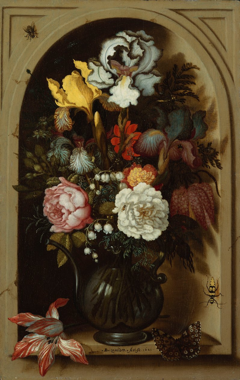 Irysy, róże, konwalia i inne kwiaty w szklanym wazonie w niszy, 1621 autorstwa Balthasar van der Ast