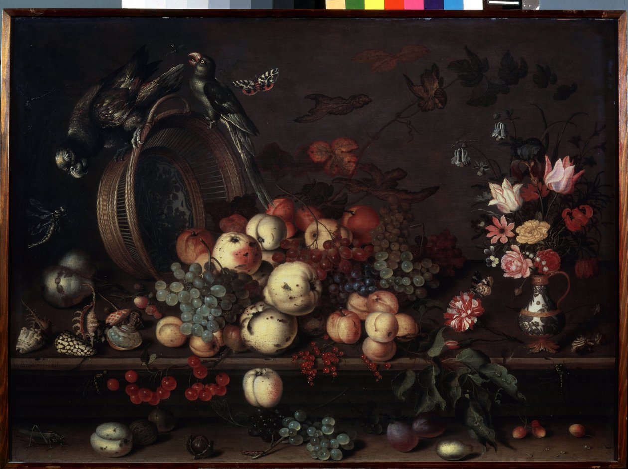 "Martwa natura z owocami, kwiatami i papugami" (zwana również "Martwa natura z owocami, muszlami i owadami") Obraz Balthasara van der Asta (1593/4-1657) ok. 1620 Wymiary 75x104 cm Ermi Museum autorstwa Balthasar van der Ast