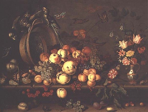 Martwa natura z owocami, kwiatami i papugami, początek lat 20. XVII wieku (panel) autorstwa Balthasar van der Ast