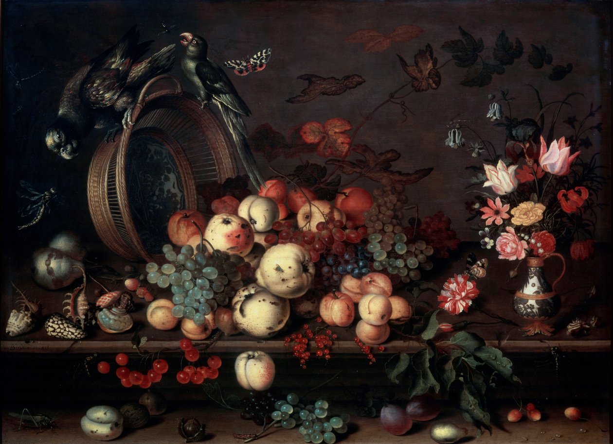 Martwa natura z owocami, kwiatami i papugami, 1620s autorstwa Balthasar van der Ast