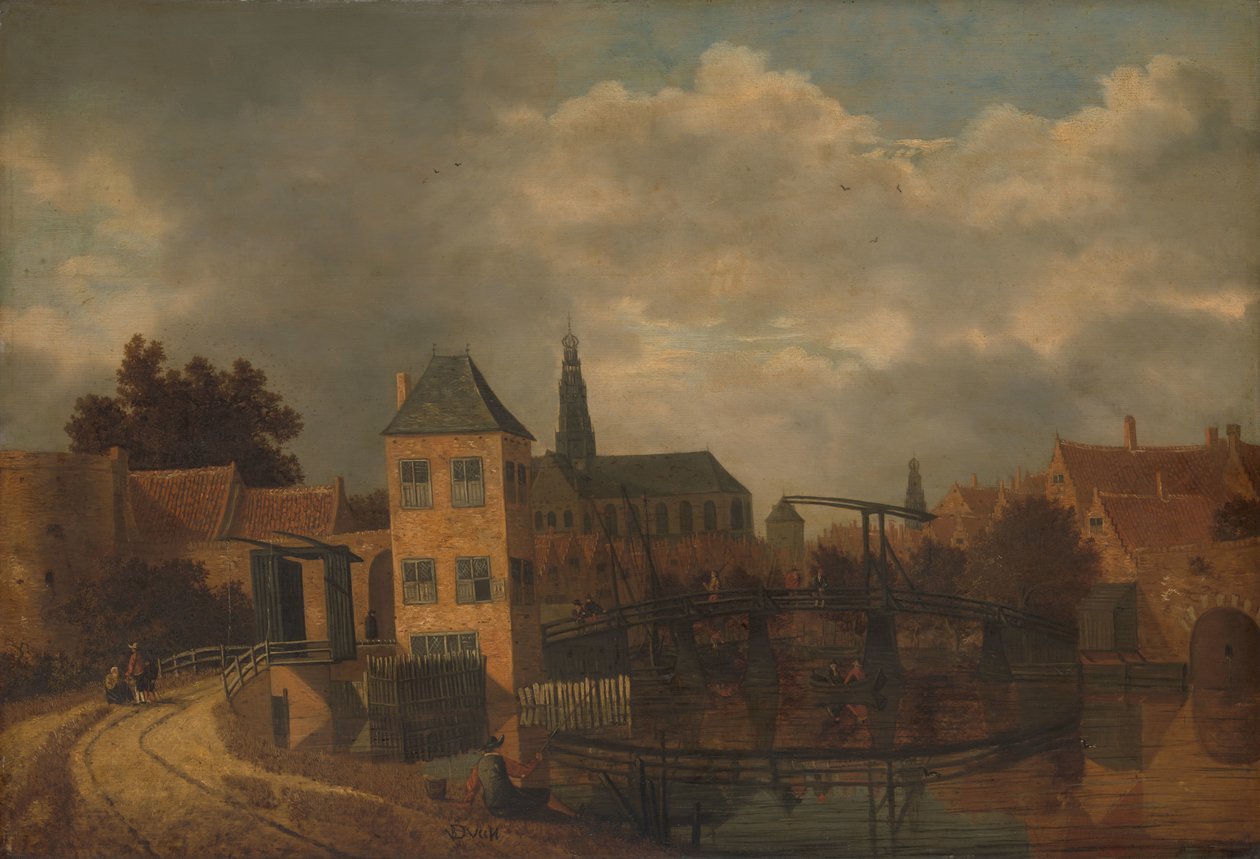 Widok na miasto Haarlem, wzięty z rzeki Spaarne, pokazujący Eendjespoort autorstwa Balthasar van der Veen