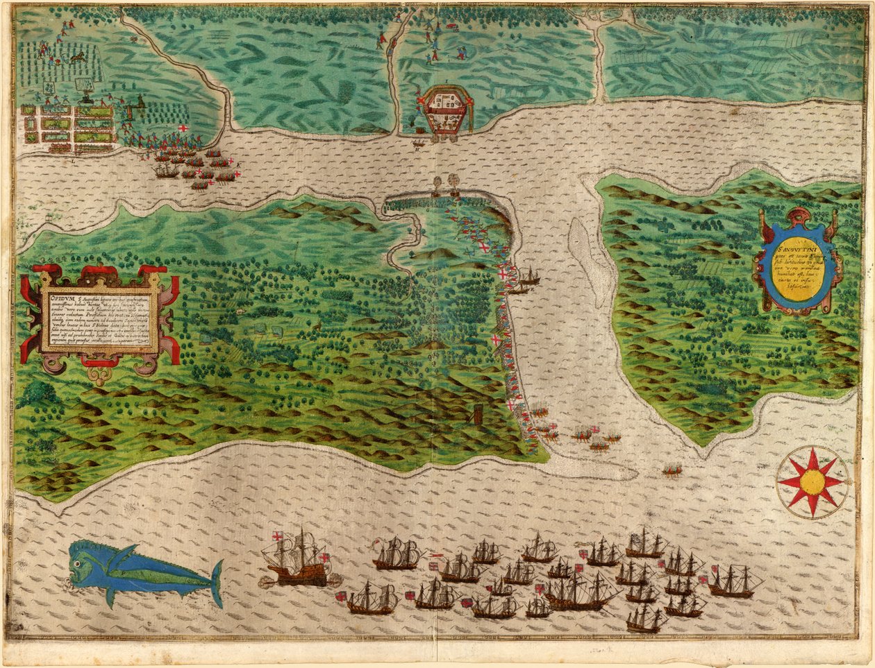 Augustine z Drakes West Indian Voyage 1585 - 86, wyd. 1589 (ręcznie kolorowane grawerowanie) autorstwa Baptista Boazio