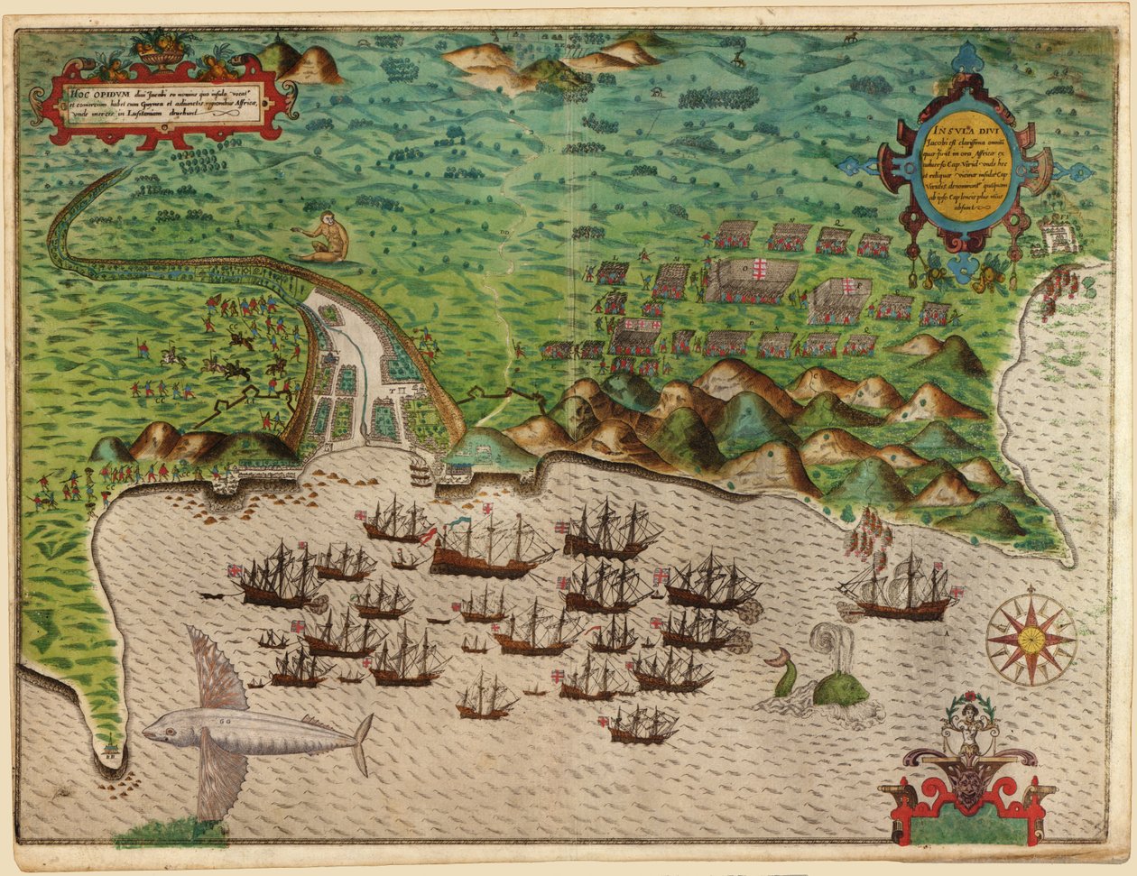Zdobycie Santiago na Wyspach Zielonego Przylądka, 1585 autorstwa Baptista Boazio