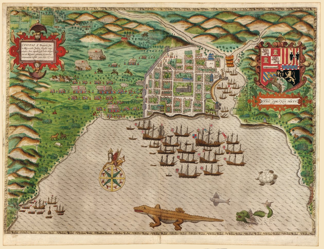Zdobycie hiszpańskiej osady Santo Domingo w Hispaniola autorstwa Baptista Boazio