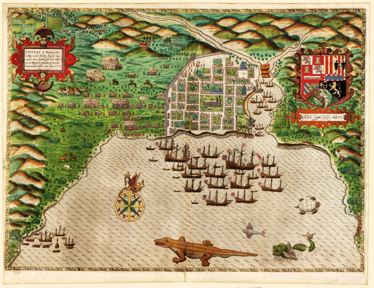 Domingo, z Drakes West Indian Voyage 1585 - 86, wyd. 1589 (ręcznie kolorowane grawerowanie) autorstwa Baptista Boazio