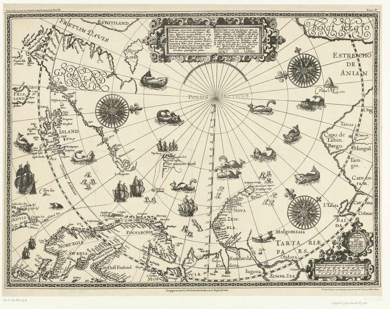 Mapa krajów wokół koła podbiegunowego z trzema podróżami Holendrów w 1598 roku autorstwa Baptista van (after) Doetechum