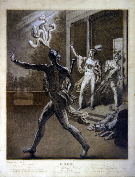 Don Juan i Commendatore, ilustracja z aktu IV scena 12 „Don Juan, czyli Le Festin de Pierre” Moliera autorstwa Barathier Barathier