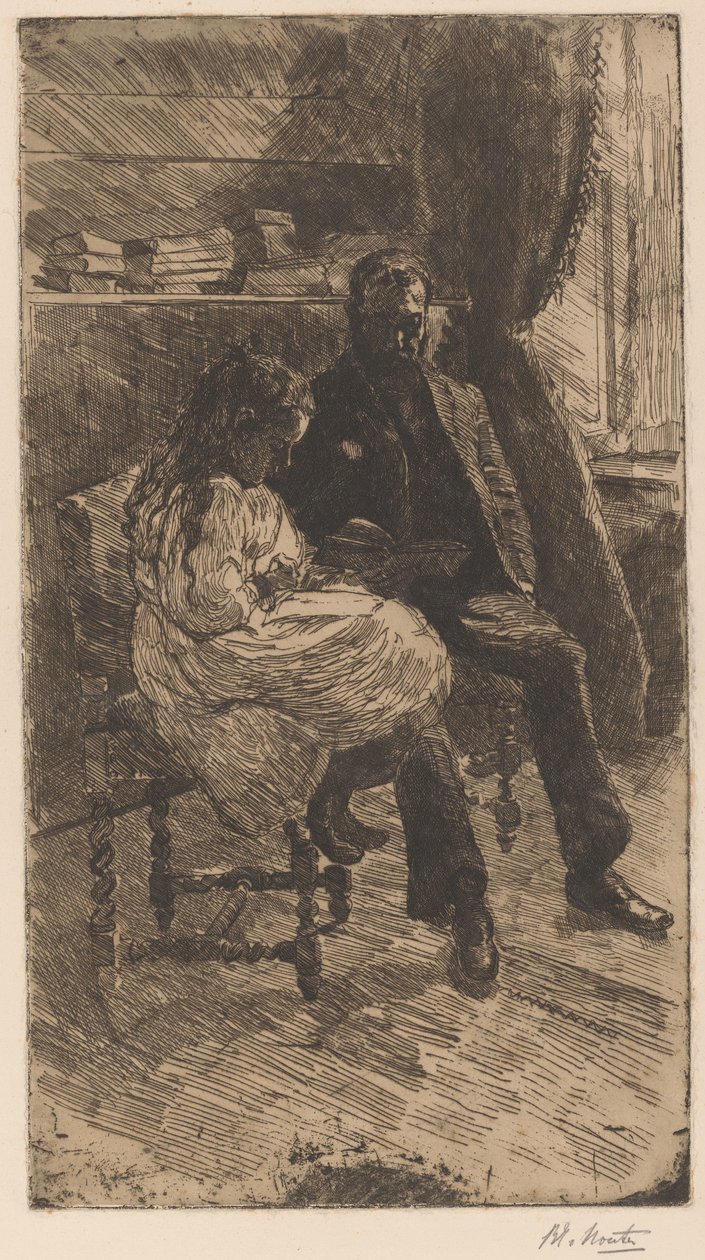 Wnętrze z mężczyzną i dziewczyną czytającą razem książkę autorstwa Barbara Elisabeth van Houten (signed by artist)