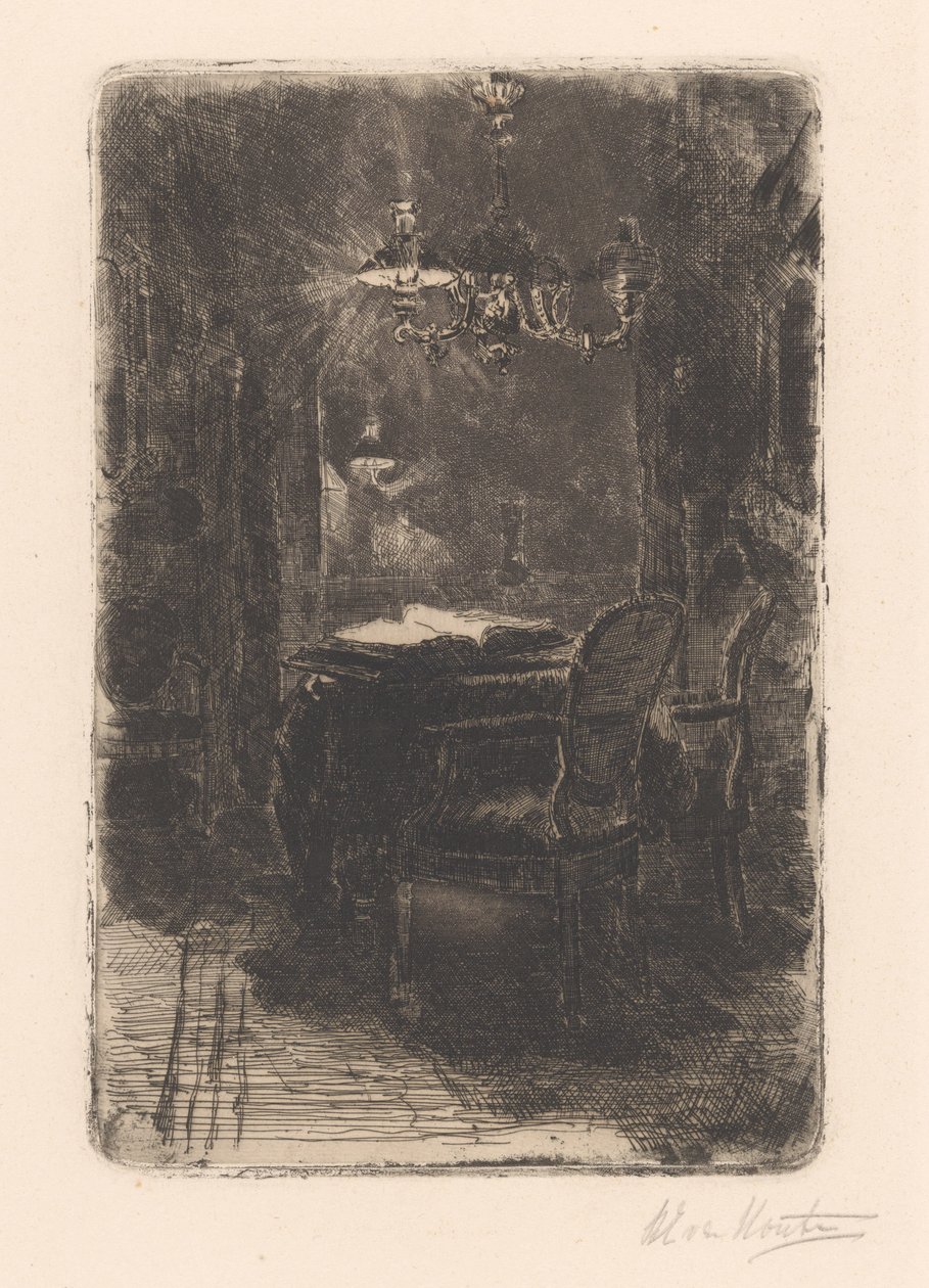 Wnętrze z lustrem i stołem z otwartą książką autorstwa Barbara Elisabeth van Houten (signed by artist)