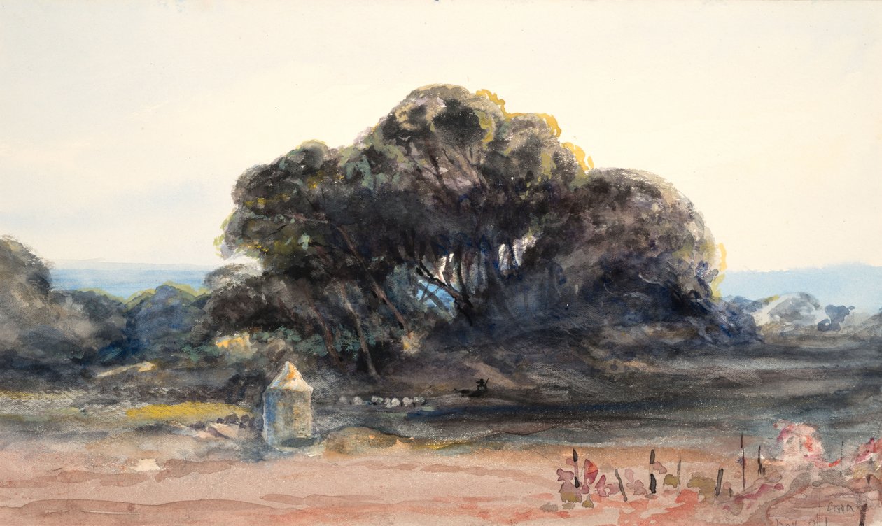 Paisagem: Pinheiro e pequena torre (aquarela e grafite sobre papel trançado) polonês autorstwa Barbara Leigh Smith Bodichon