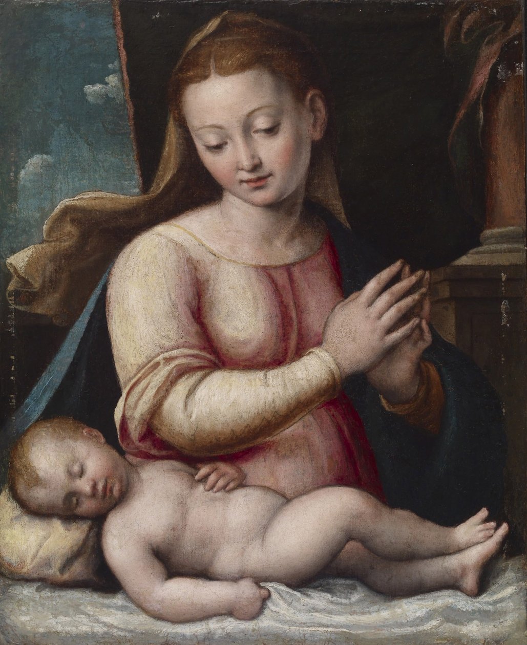 Madonna Adoring the Child, ok. 1580-1600 (olej na płótnie naklejony na panel) autorstwa Barbara Longhi