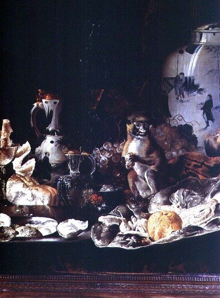 Egzotyczna martwa natura z małpą i chińską porcelaną autorstwa Barend or Bernardus van der Meer