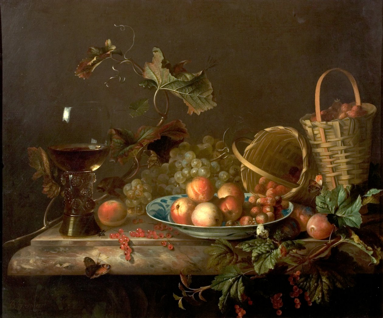 Kawałek owocu z kieliszkiem do wina, 1692 autorstwa Barend or Bernardus van der Meer