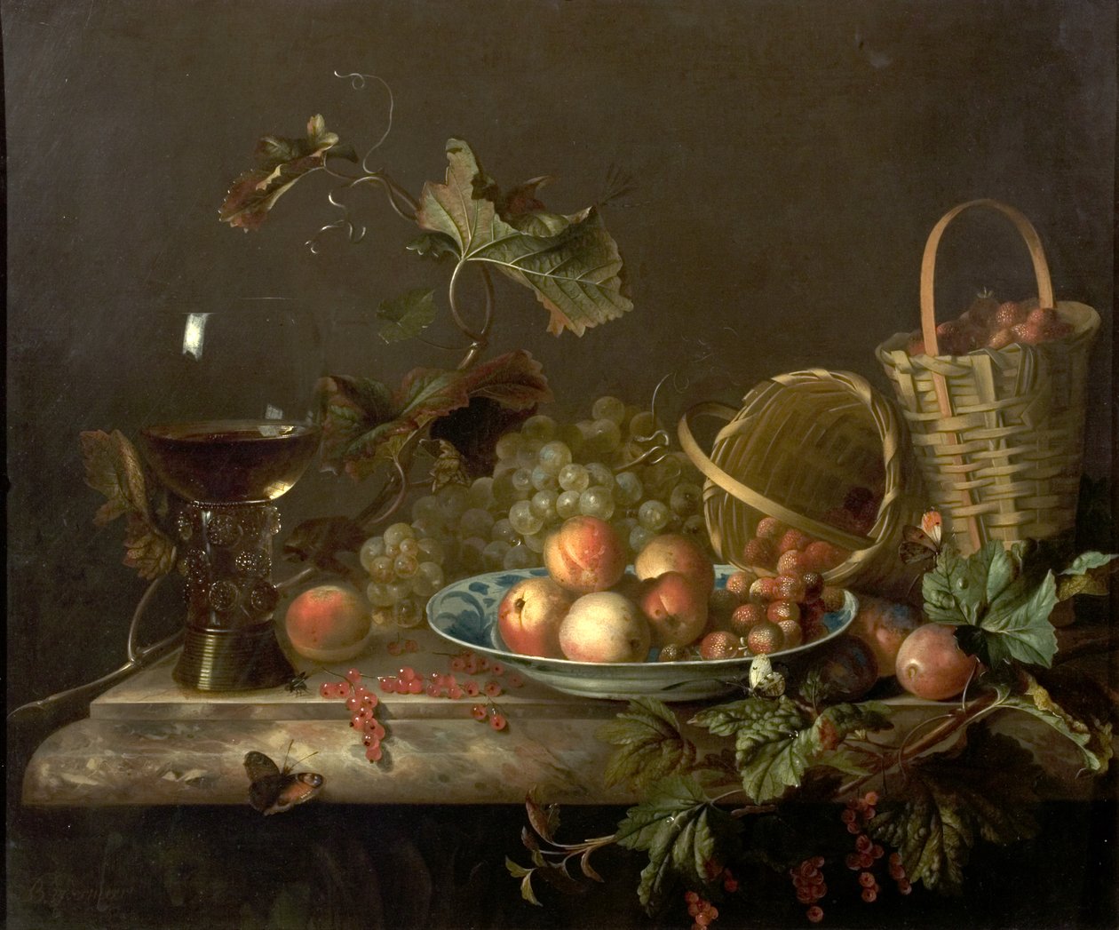 Kawałek owocu z kieliszkiem do wina, 1692 autorstwa Barend or Bernardus van der Meer