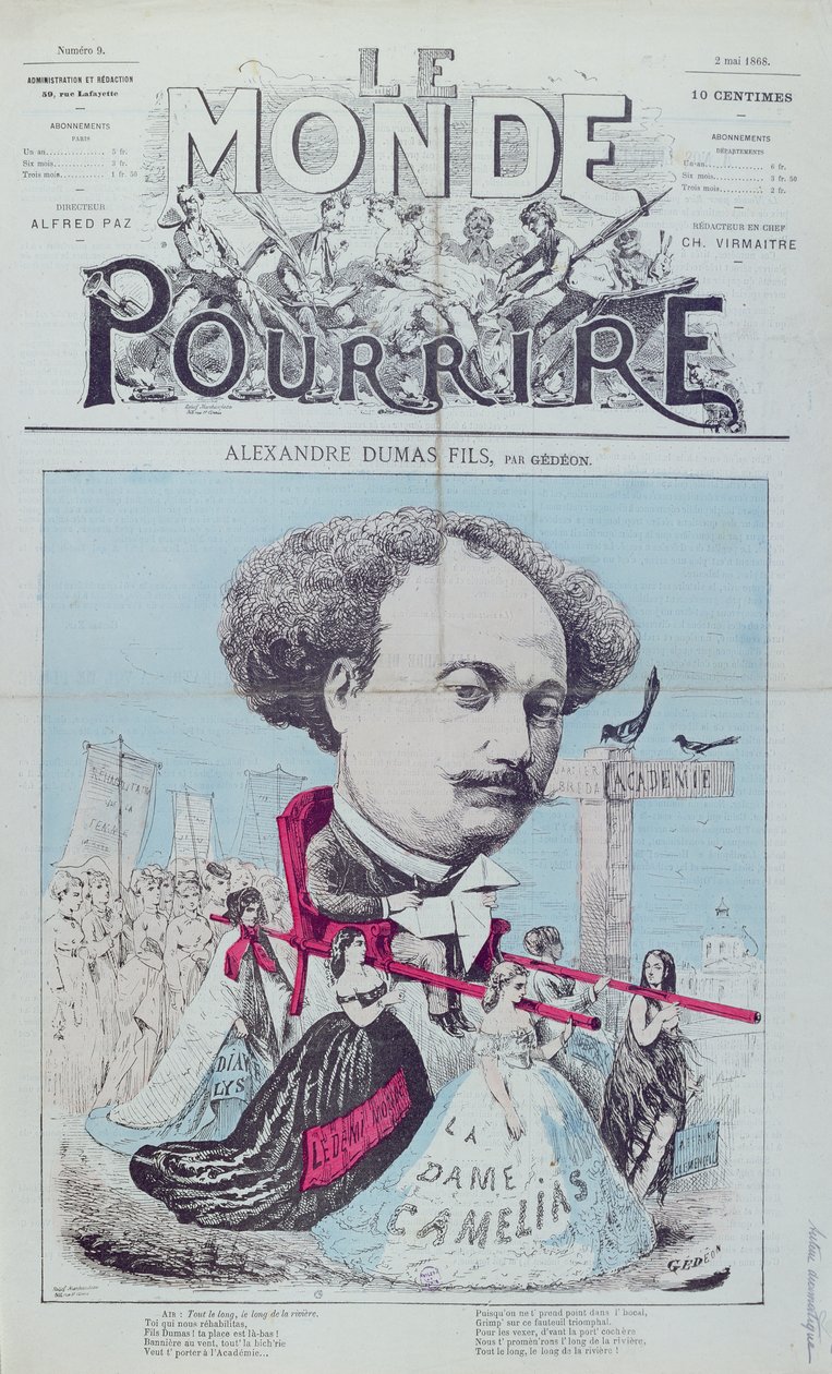 Karykatura Aleksandra Dumasa, fils do magazynu „Le Monde Pour Rire”, 2 maja 1868 autorstwa Baril Gedeon