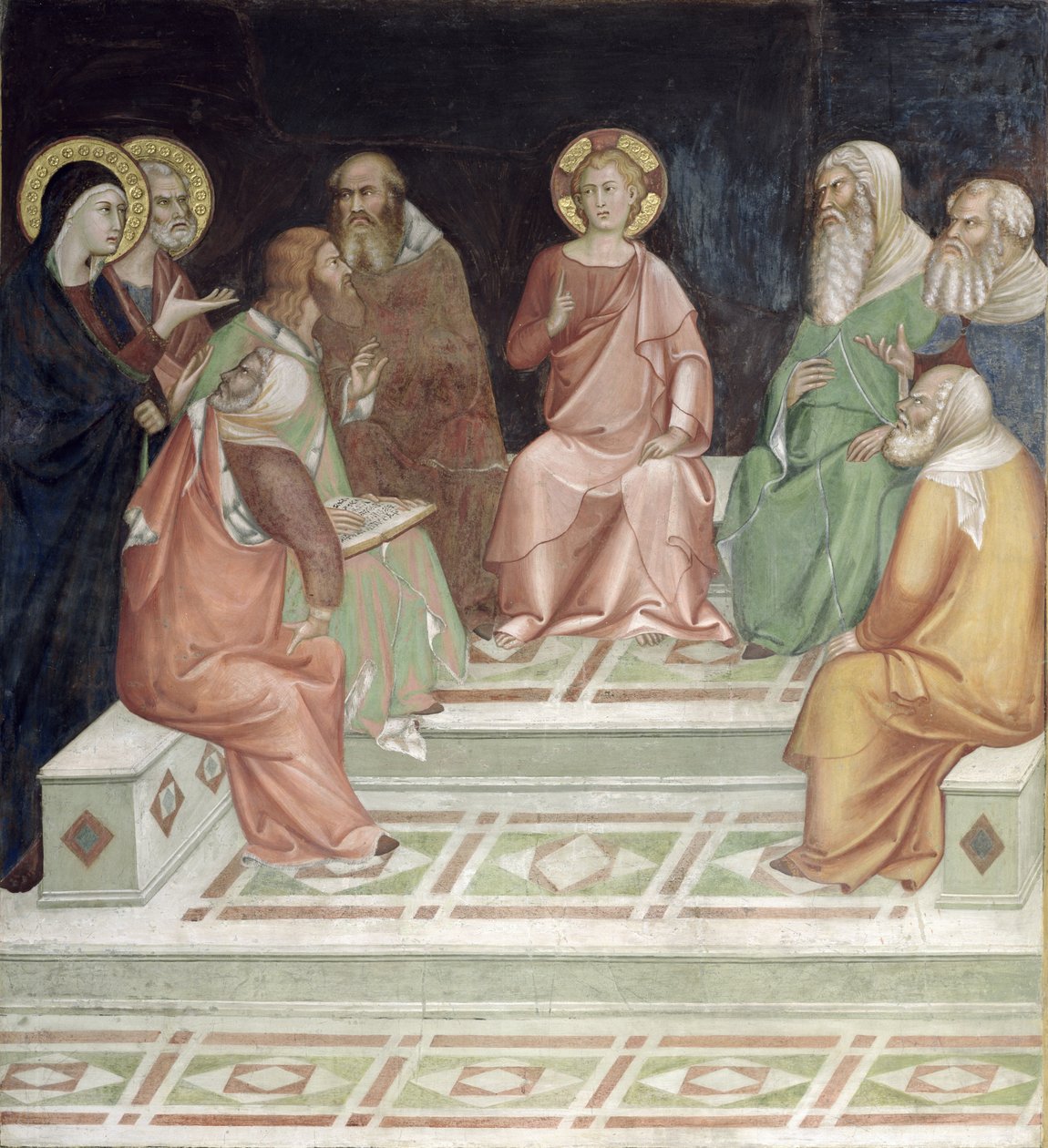 Jezus z lekarzami, z cyklu Sceny Nowego Testamentu (fresk) autorstwa Barna da Siena