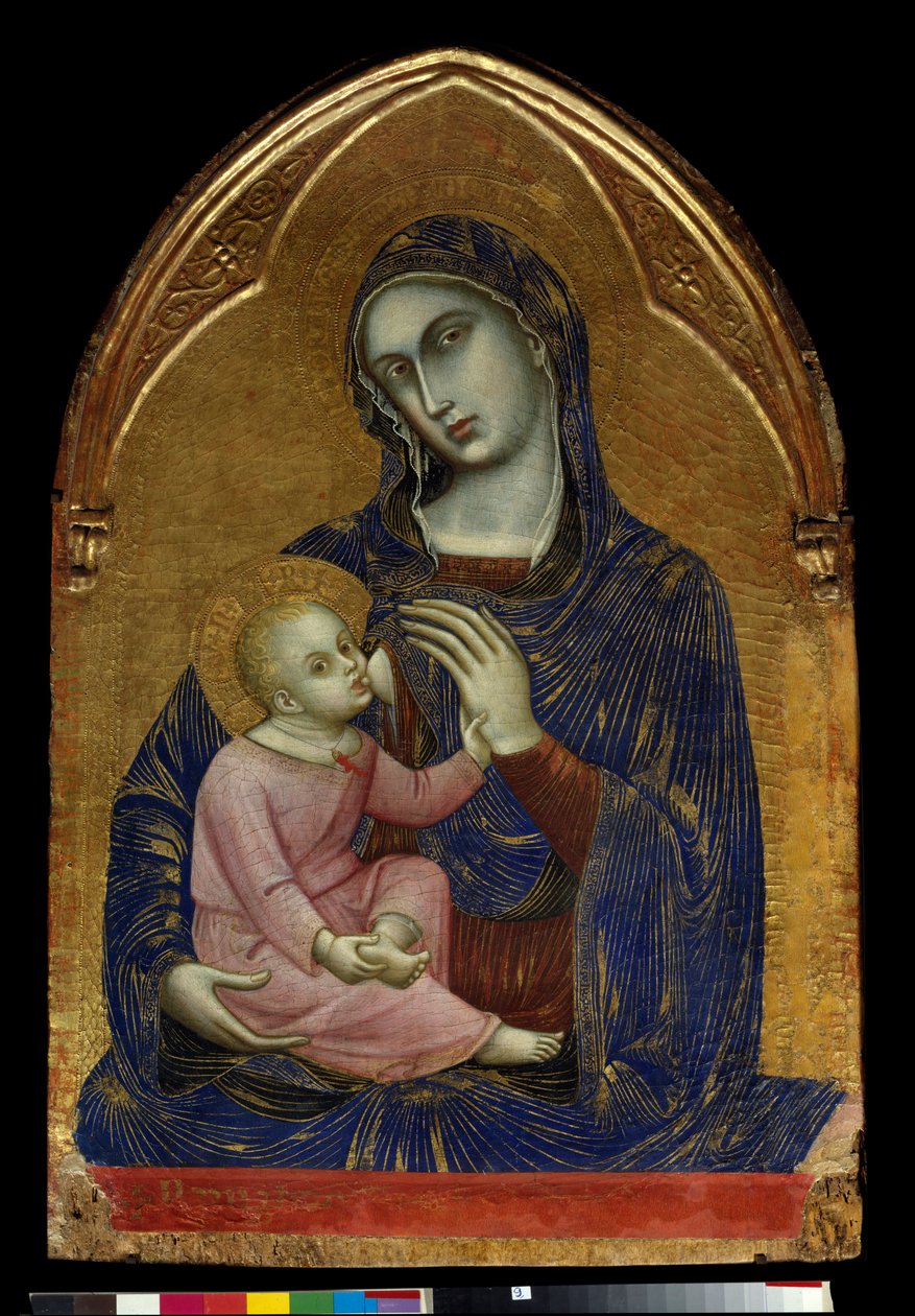 Dziewica z Dzieciątkiem Maryja karmi piersią Jezusa Chrystusa, który ma naszyjnik z koralu. Obraz na drewnie Barnaby da Modena (znany od 1361 do 1383) wym. 1,09x0,72 m Paryż, Muzeum Luwru. autorstwa Barnaba da Modena