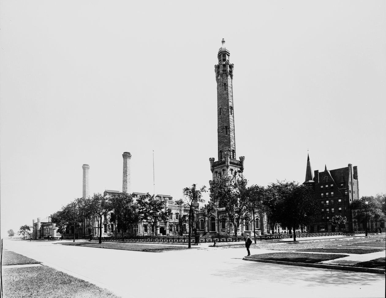 Chicago Water Tower, Chicago, Illinois, USA, ok. 1900 (zdjęcie czarno-białe) autorstwa Barnes and Crosby