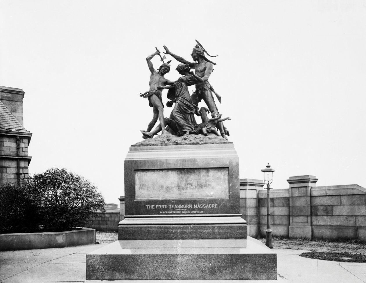 Fort Dearborn Massacre Monument przy Calumet Street i 18th Avenue, Chicago, Illinois, USA, ok. 1900 (zdjęcie czarno-białe) autorstwa Barnes and Crosby