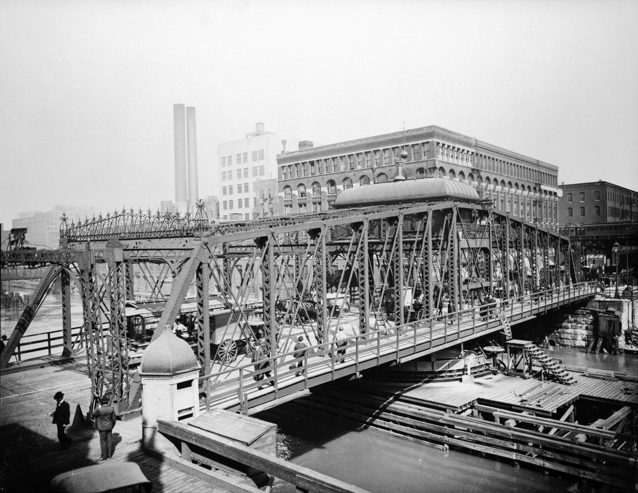 Madison Street Bridge, Chicago, Illinois, USA, ok. 1905 (zdjęcie czarno-białe) autorstwa Barnes and Crosby