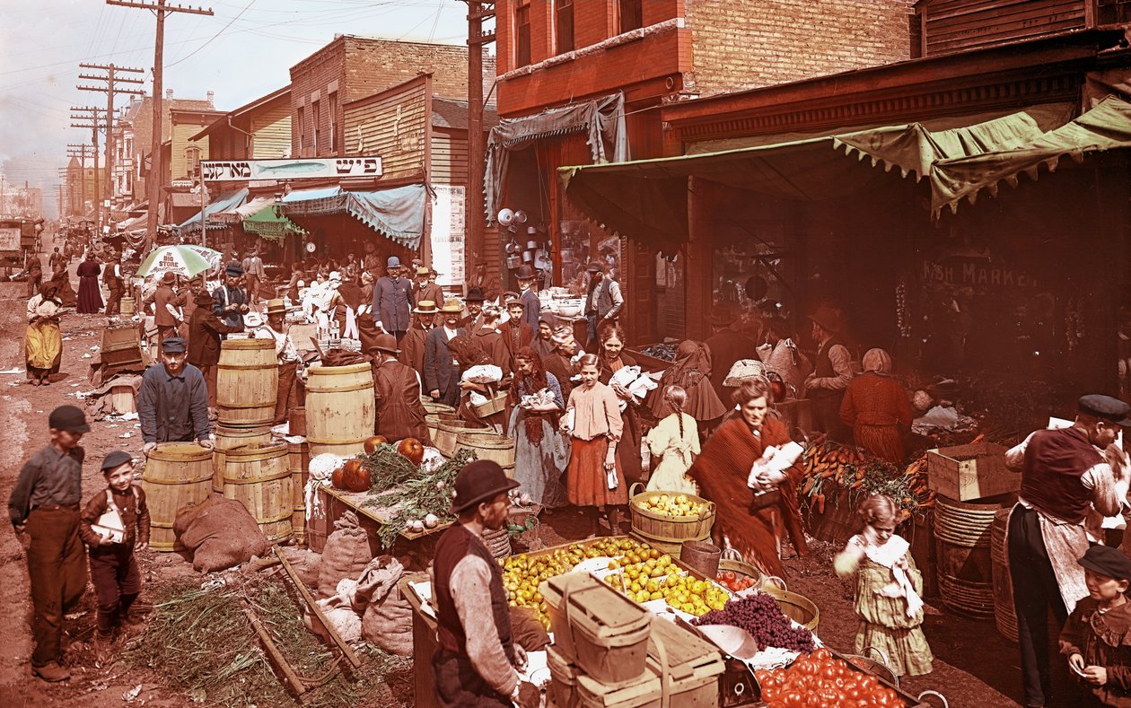 Maxwell Street Market., Chicago, Illinois, USA, ok. 1905 (zdjęcie) autorstwa Barnes and Crosby