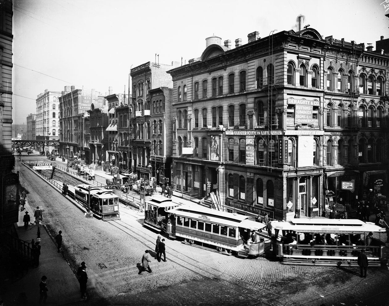 Tramwaje wyjeżdżające z tunelu LaSalle Street., Chicago, Illinois, USA, ok. 1905 (zdjęcie czarno-białe) autorstwa Barnes and Crosby