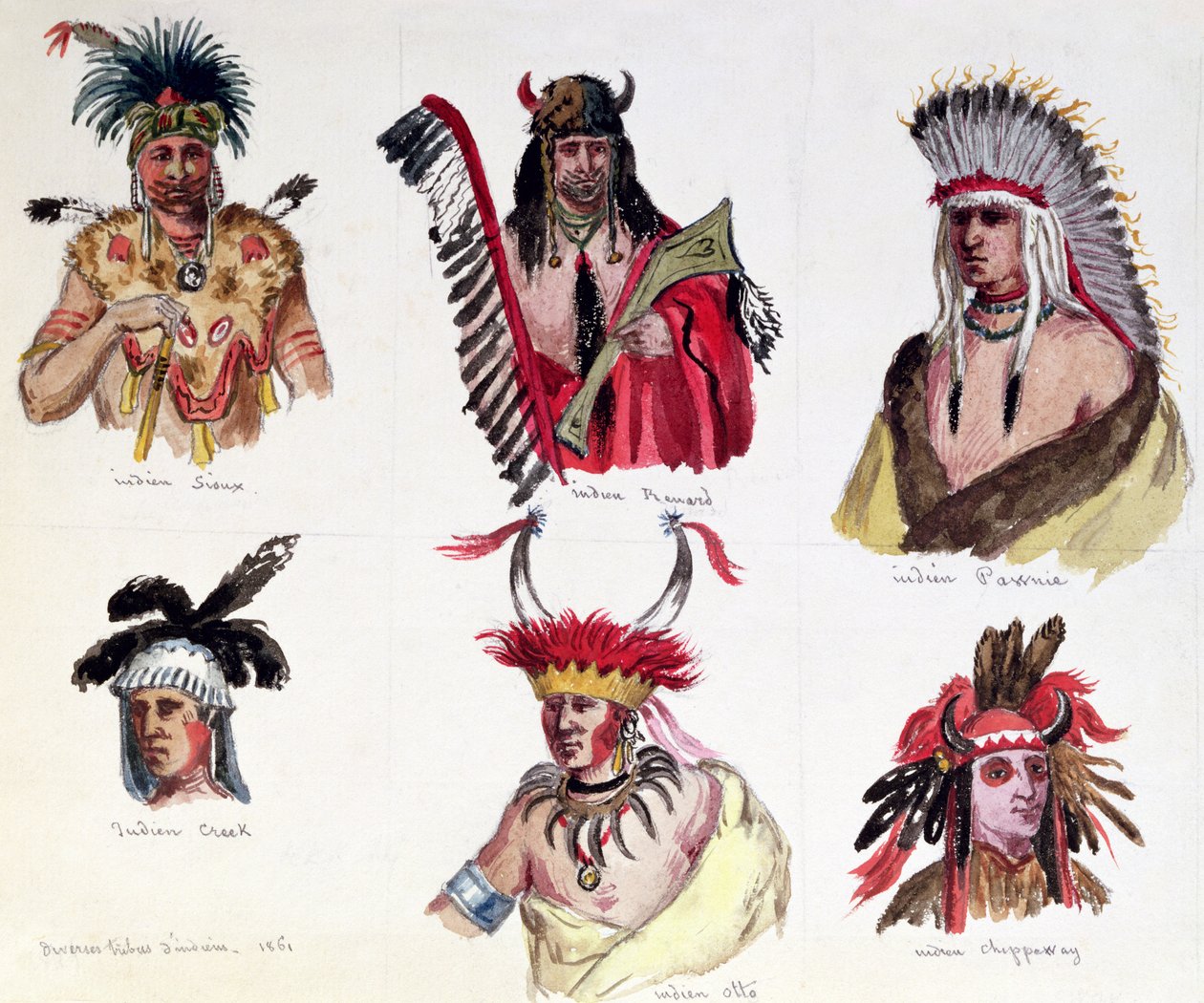 Portrety sześciu amerykańskich Indian z plemion Siuksów, Renardów, Pawnee, Creek, Otto i Chippewa, 1861 autorstwa Maurice Sand
