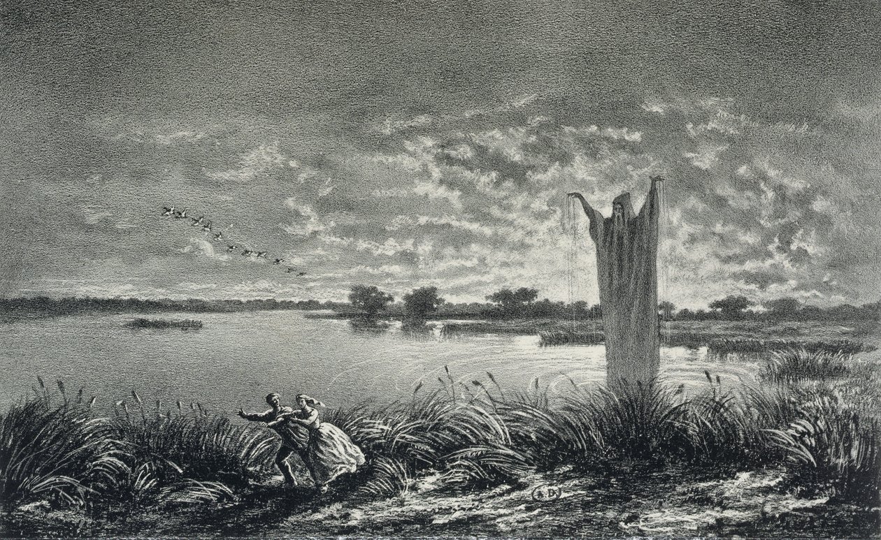 Mnich z Etangs-Brisses, ilustracja do „Legendes Rustiques” George Sand (1804-76), sztychowana przez E. Verniera, 1858 autorstwa Maurice Sand